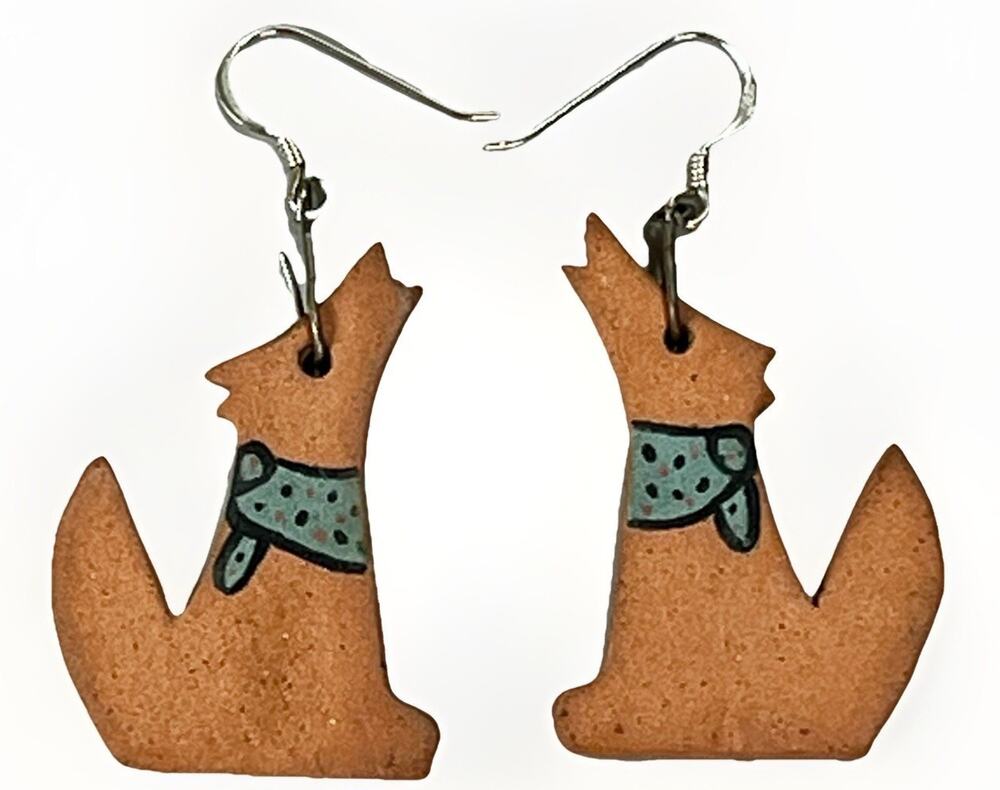 Native American Sterling Silver Hand Painted Ceramic Coyote Howling Earrings VTG